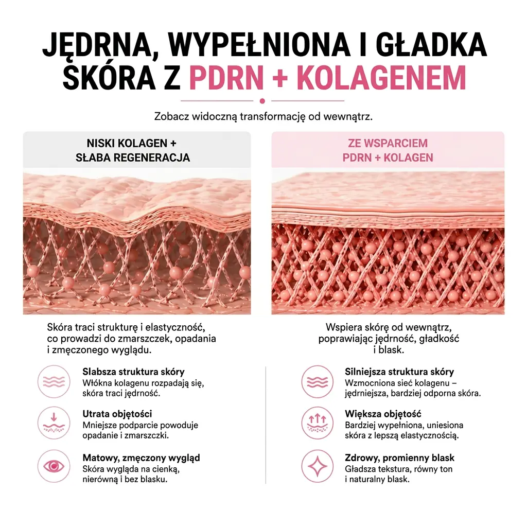 Porównanie struktury kolagenu w skórze bez wsparcia i ze wsparciem PDRN
